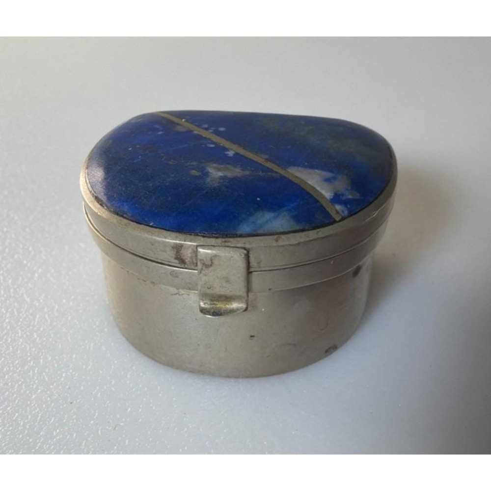 Lapis Lazuli Ring Pill Trinket Box Silver Metal Trim & Hinged Lid Pyrite Flecks - Picture 4 of 11